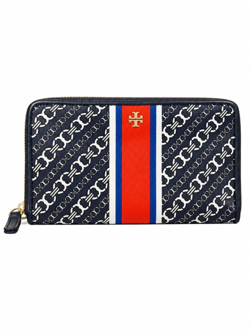 Tory Burch Gemini Link Zip Continental Wallet Navy Red White Chain Print